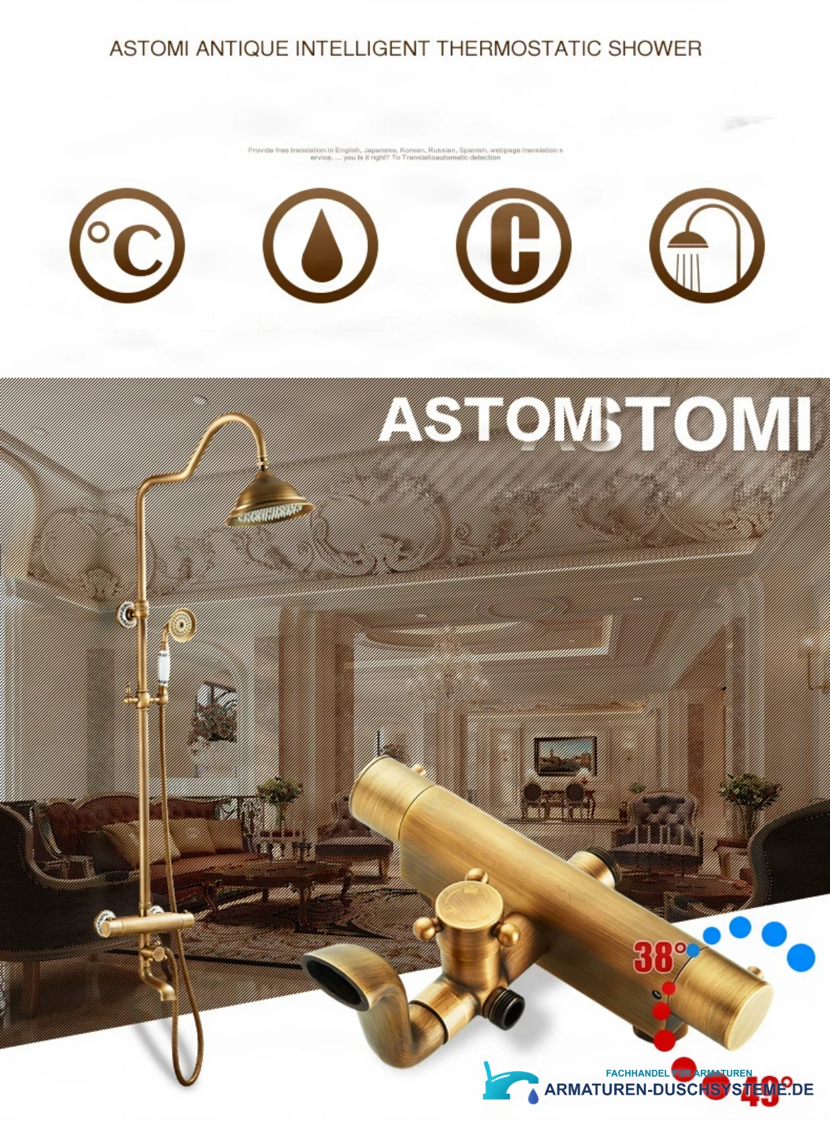 Spezifikationen Aufputz-Duschsystem ATS1155: Thermostat, Kopfbrause, Handbrause und Wannenauslauf