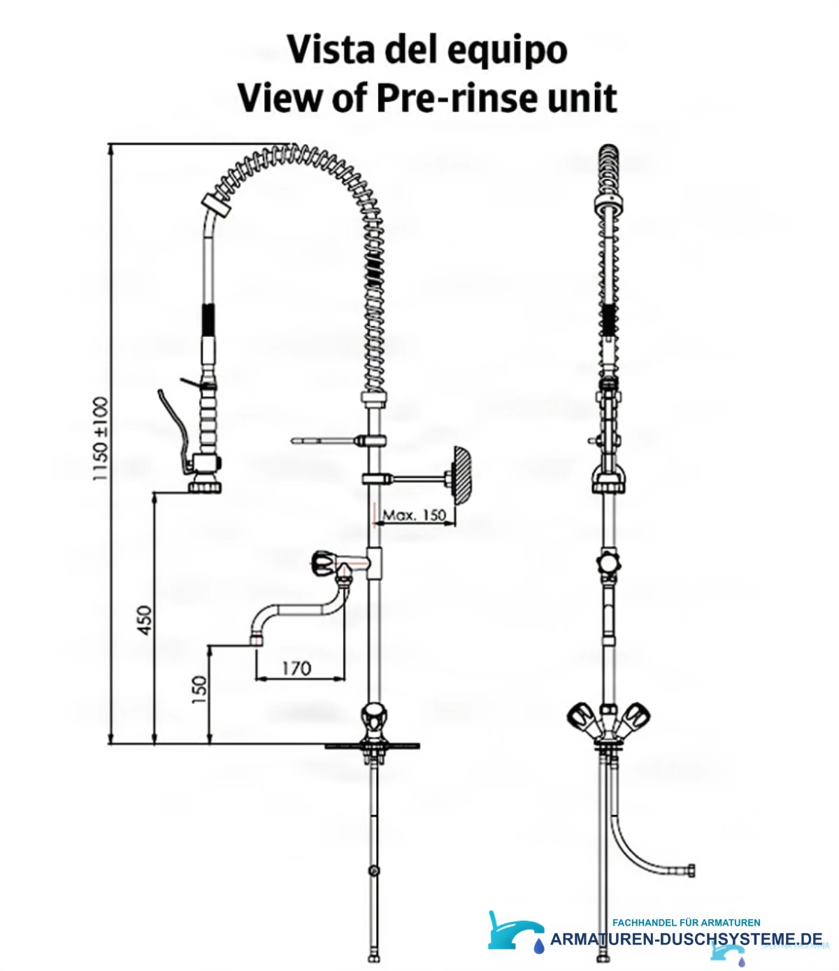 Technische Zeichnung der professionellen Gastroarmatur PRO1337 (1150 ± 100 mm, Ausladung 170 mm)