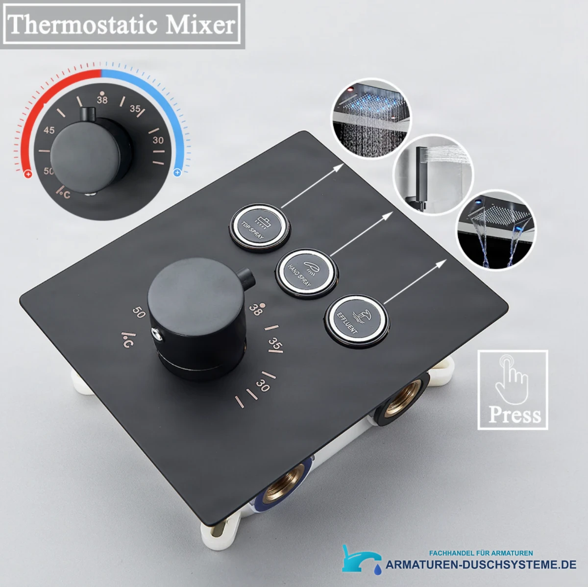 Funktionen des Unterputz-Duschsystems PT8899: Thermostat und drei Auswahltasten