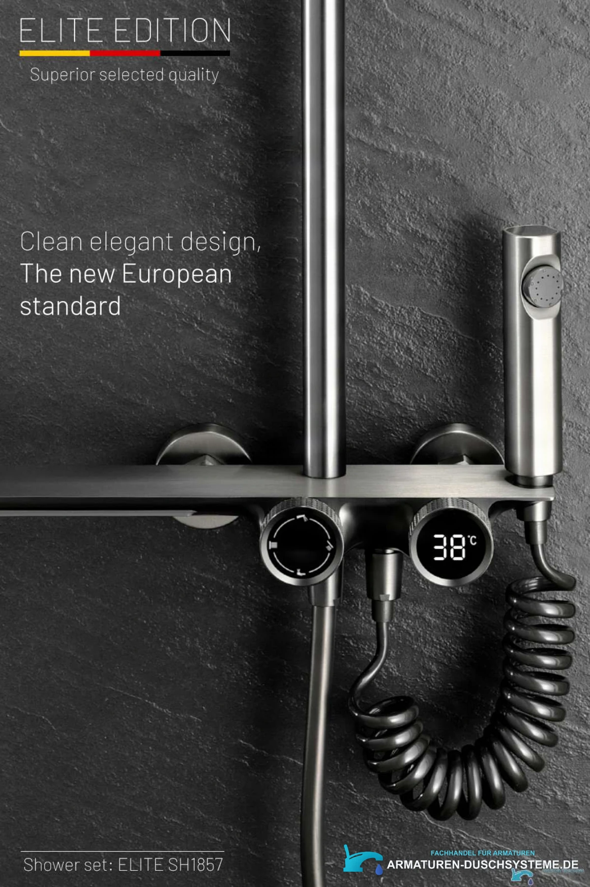 Detail der Bedienelemente und Temperaturanzeige des Gunmetal-Duschsystems SH1857
