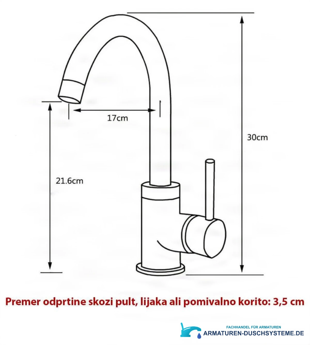 Technische Zeichnung der Niederdruck-Küchenarmatur EYN NT1255 mit 30 cm Höhe und 17 cm Ausladung