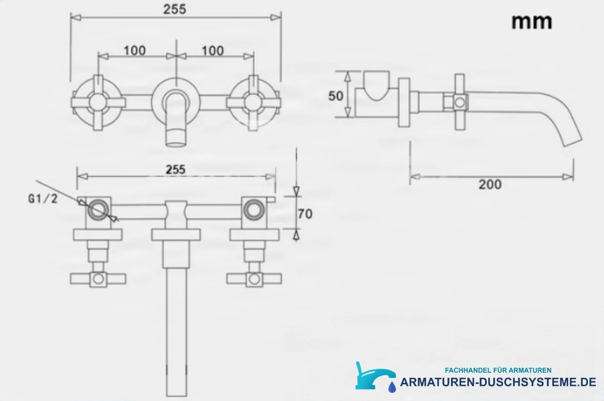 Technische Zeichnung der LED-Waschtischarmatur EYN SU0167 (255 mm, Auslauf 200 mm, G1/2)