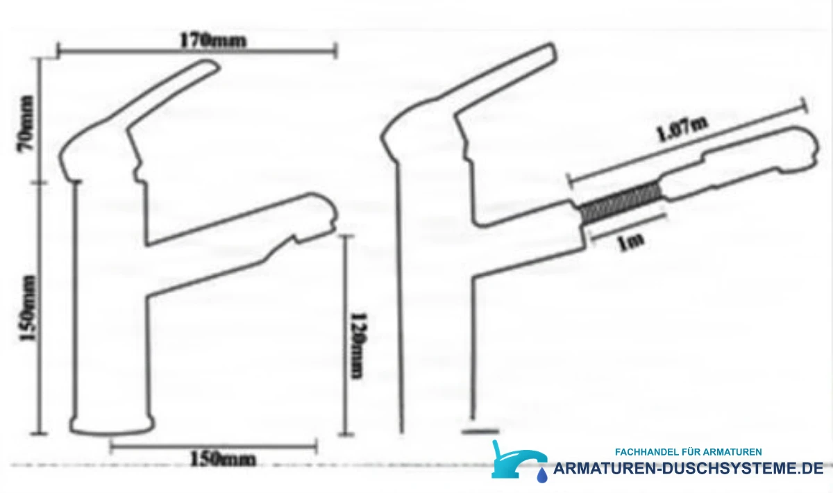 Technische Zeichnung der ausziehbaren Badarmatur KZI8705 mit 170 mm Ausladung und 1,07 m Schlauch
