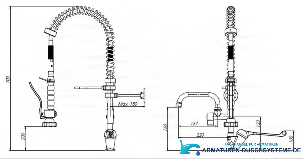Technische Zeichnung der professionellen Armatur EYN PRO1430 (Höhe 700 mm, Ausladung 220 mm)