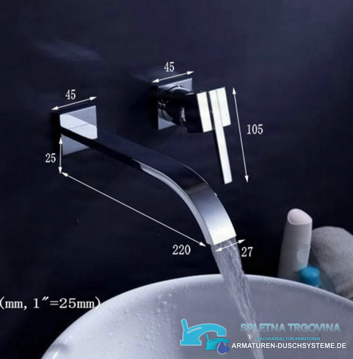 Technische Zeichnung der Wandarmatur EYN4301 mit 220-mm-Auslauf und 105-mm-Hebel