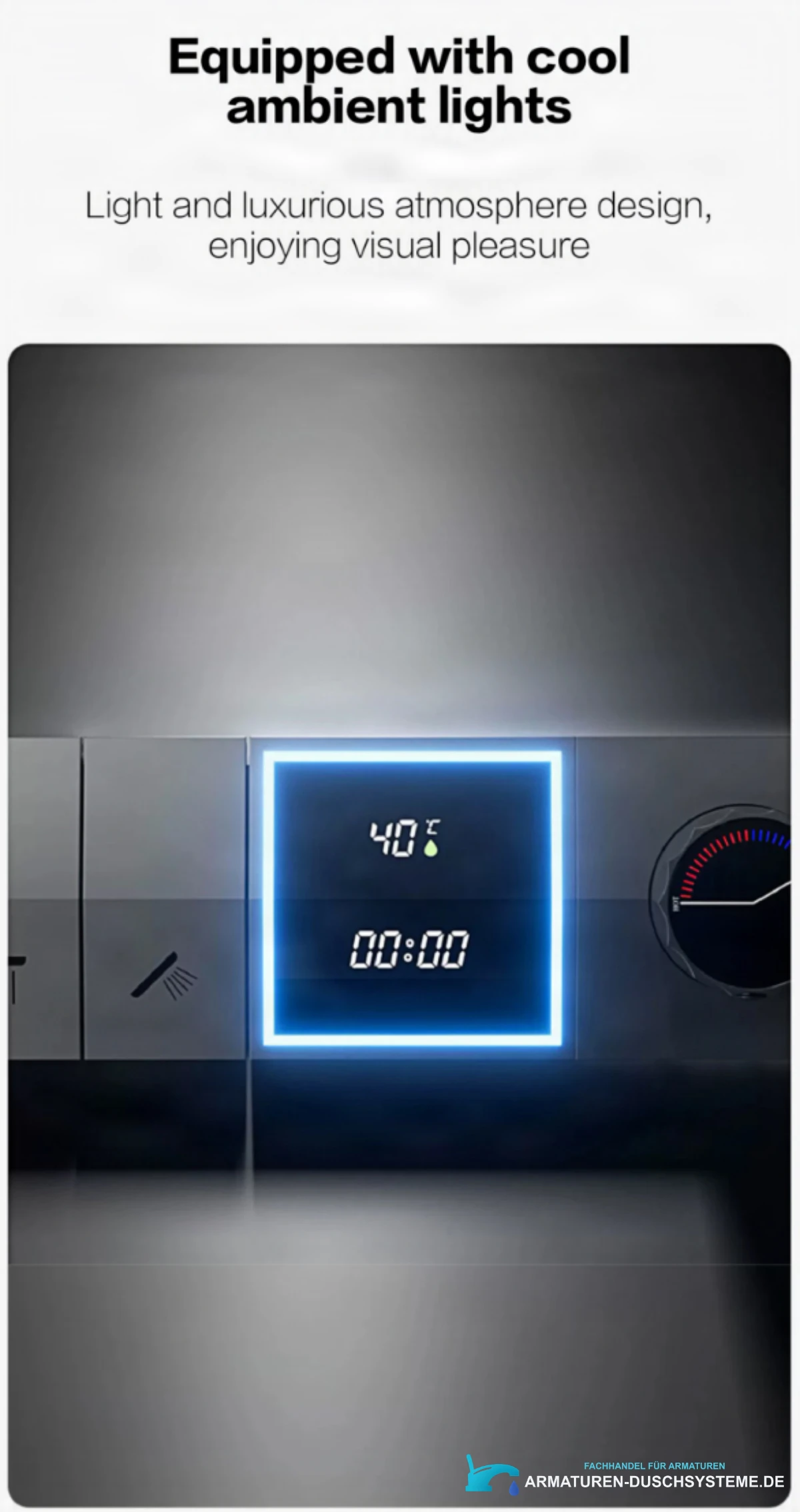 Ausstattung des Unterputz-Duschsystems ELITE EDITION BCS1050: blau beleuchtetes Digitaldisplay