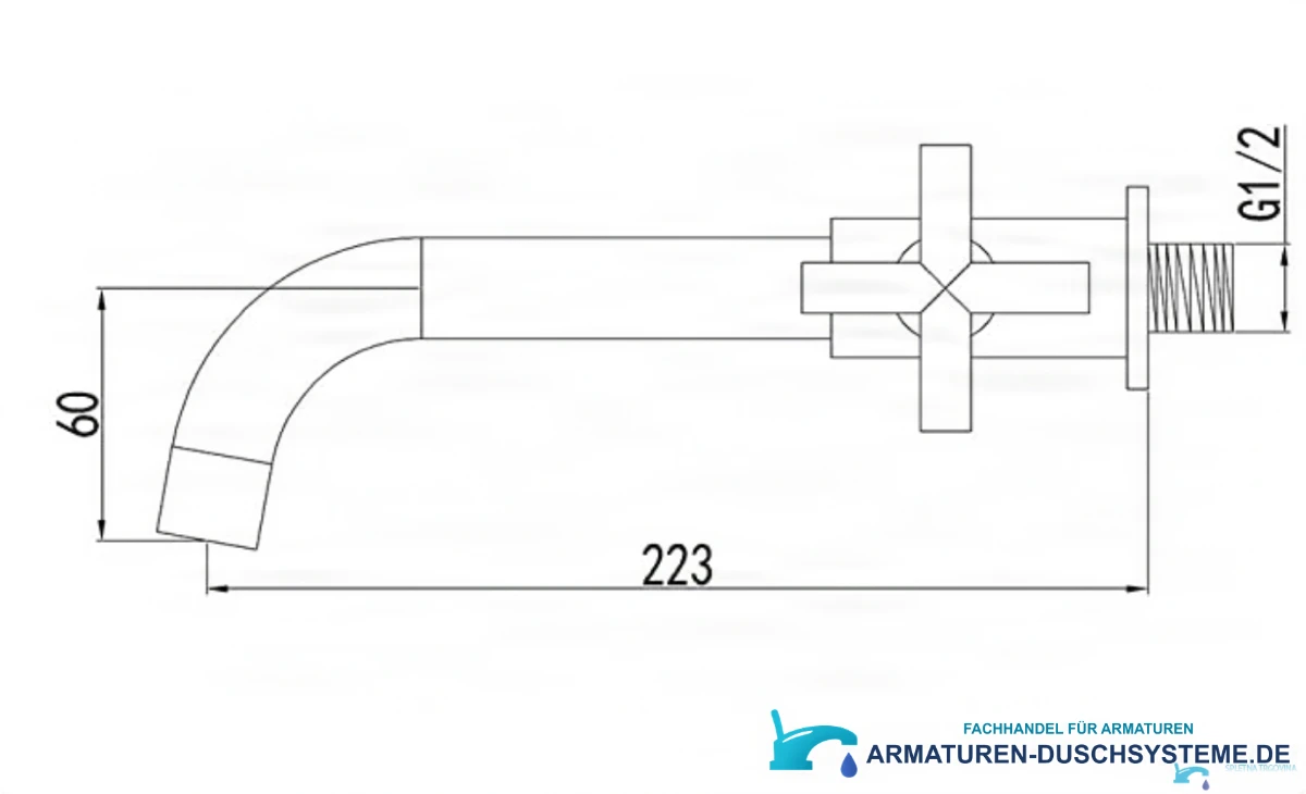 Technische Zeichnung der Wandarmatur für Kaltwasser WB1414 (223 × 60 mm, G1/2)