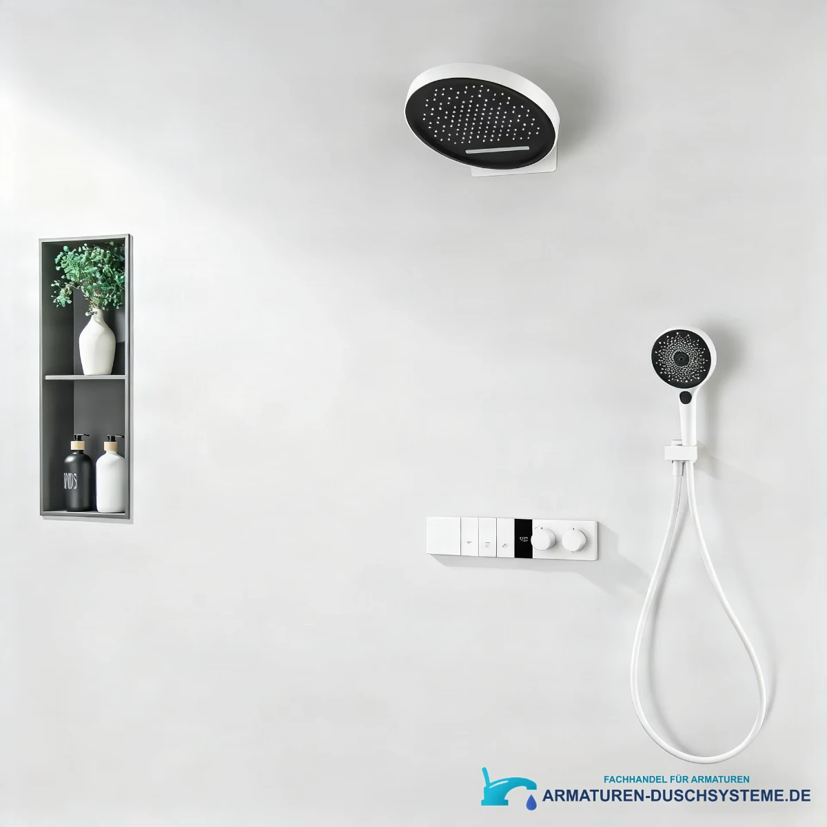 Unterputz-Duschsystem ELITE EDITION BSC1305 in weißer Dusche mit Kopfbrause
