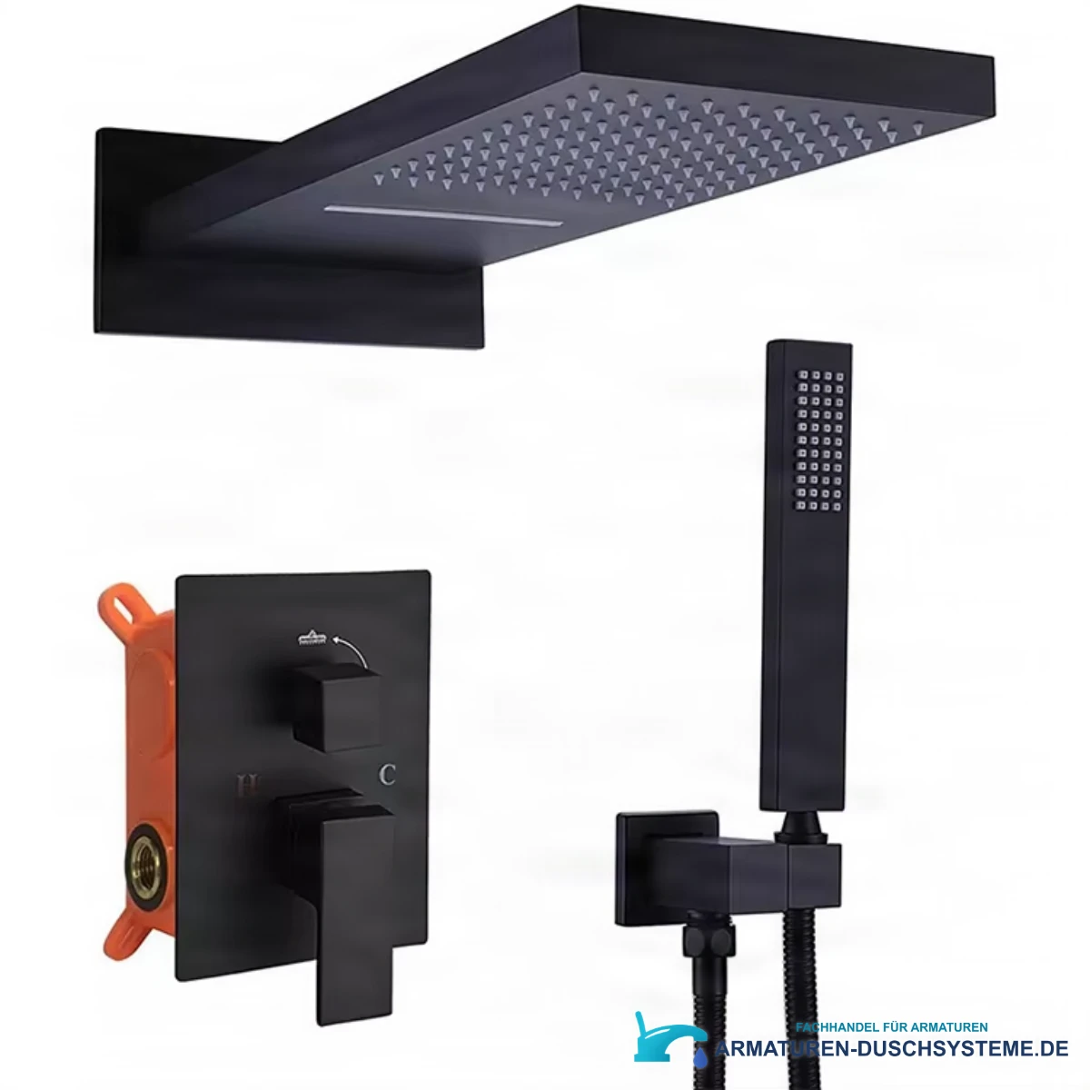 Luxuriöses schwarzes Messing-Duschsystem ELITE EDITION BSC1682 mit Wasserfall- und Regenfunktion, mattschwarz