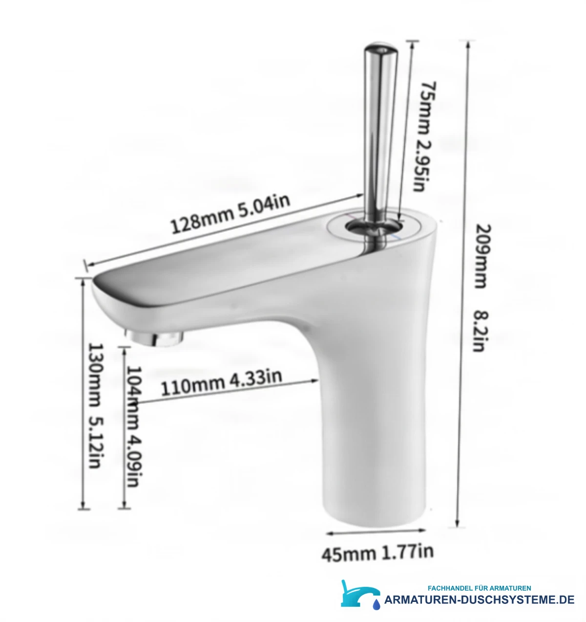 Technische Zeichnung der Badarmatur BKK1306 mit 209 mm Höhe und 128 mm Ausladung