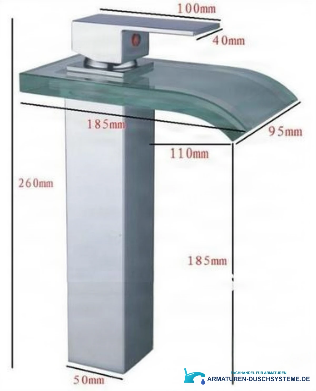 Maßzeichnung der Badezimmerarmatur EYN x013 woo-986 mit 260 mm Höhe und 185 mm Auslauf