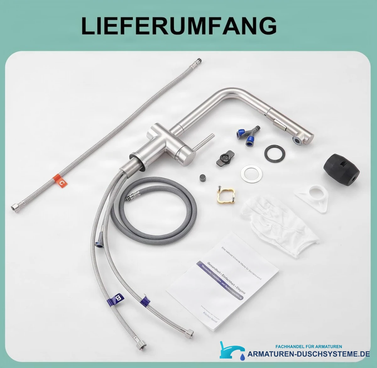 Lieferumfang der Niederdruck-Küchenarmatur NTB2003 mit Schläuchen und Montagezubehör