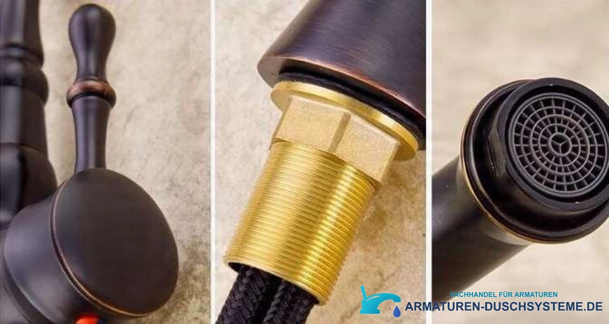 Detail von Bedienhebel, Gewindeschaft und Strahlregler der Retro-Armatur CKB2255