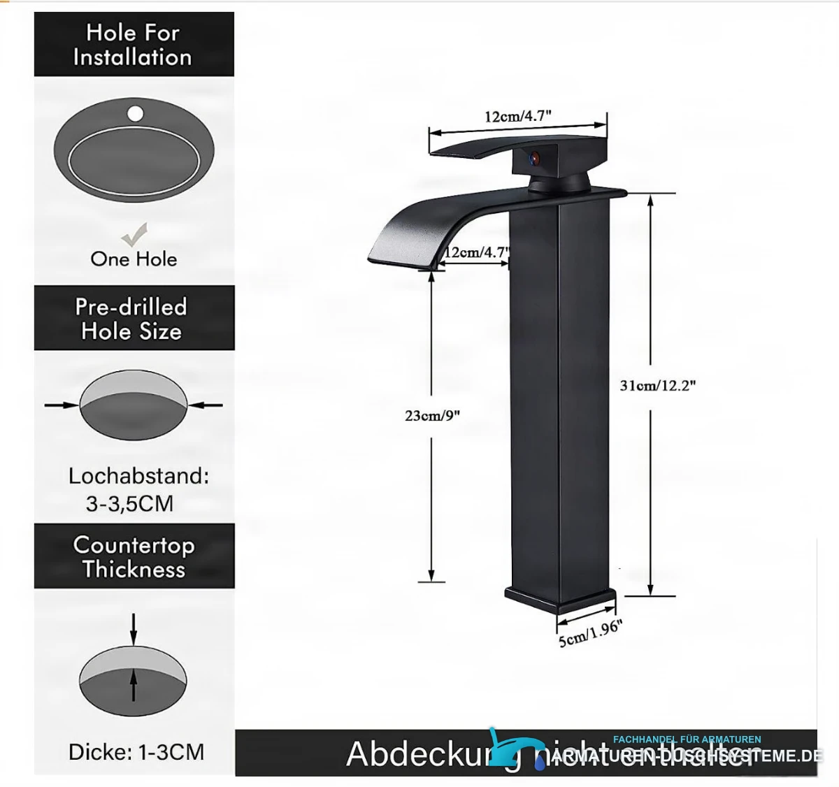 Technische Zeichnung der Waschtischarmatur EYN103 (31 cm, 23 cm, 12 cm, Bohrung 3–3,5 cm)