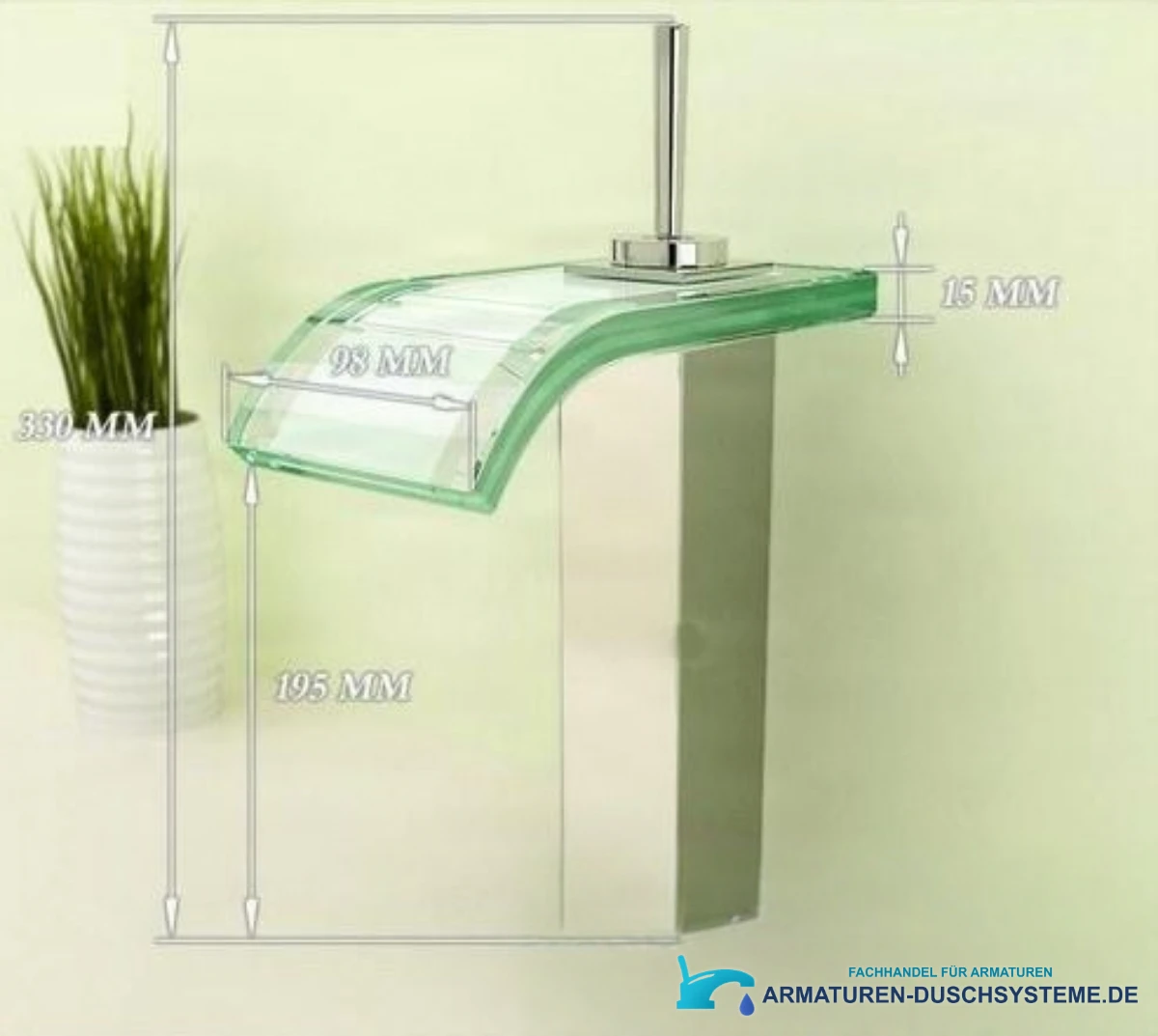 Waschtischarmatur mit Wasserfallauslauf EYN0145 in poliertem Chrom und transparentem Glas
