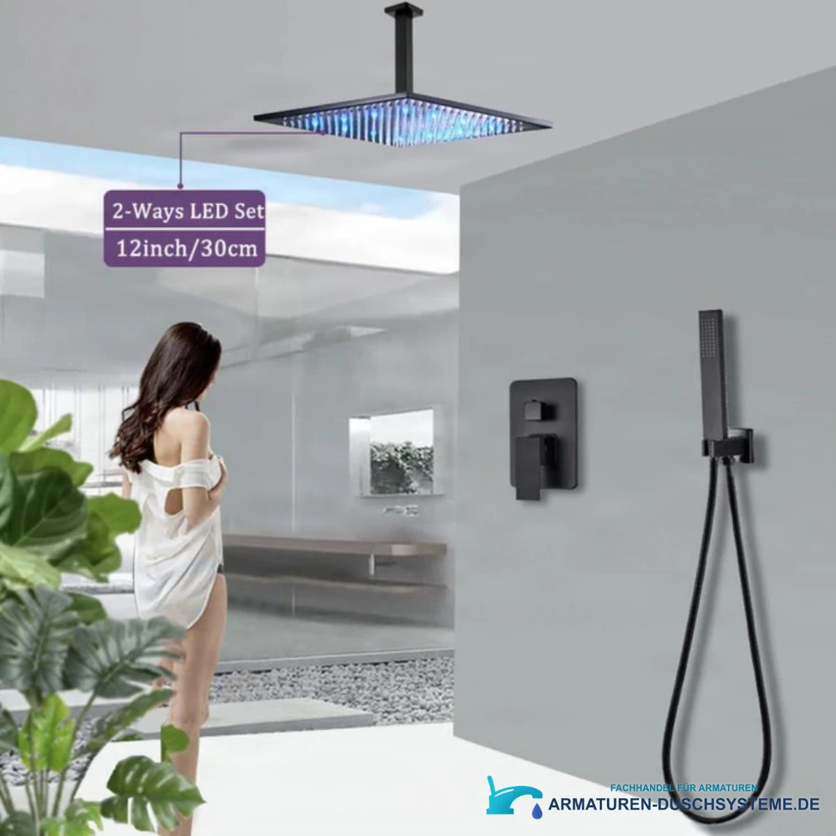 LED-Unterputzduschsystem PT50089 in Mattschwarz mit blau beleuchteter Kopfbrause