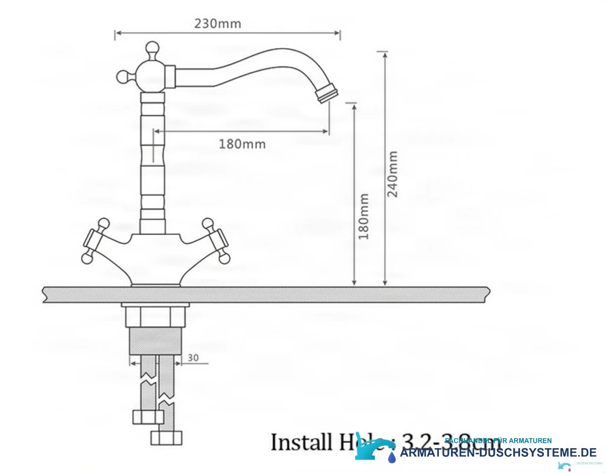 Technische Zeichnung der antiken Waschtischarmatur ANT2309 (230 × 240 mm)