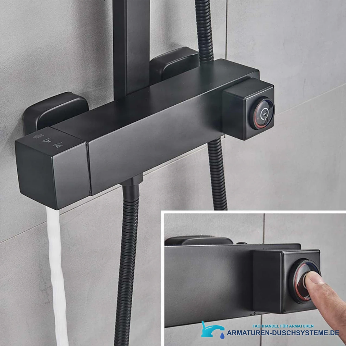 Unterputz-Duschsystem EYN mit Thermostat und Wasserfallauslauf BT1048 in Mattschwarz