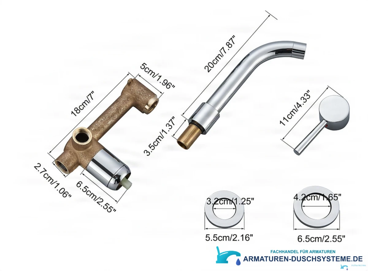 Technische Zeichnung der Wandarmatur SG1520 mit 20 cm Auslauf und 11 cm Hebel