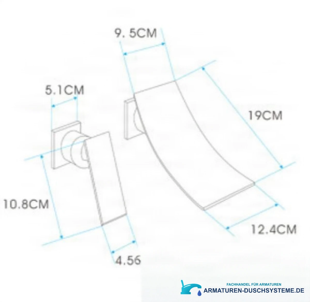 Technische Zeichnung der Wasserfall-Wandarmatur SU3875 mit Auslauf 19 × 12,4 cm