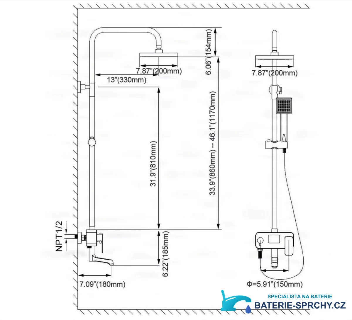Technický výkres panelu EYN NTD0341 (860–1170 mm, hlavová sprcha 200 mm, NPT 1/2)