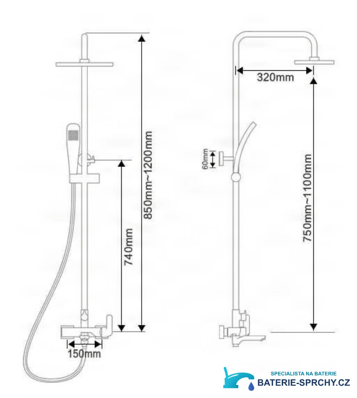 Technický výkres systému EYN NTA1601 (850–1200 mm, vyložení 320 mm)