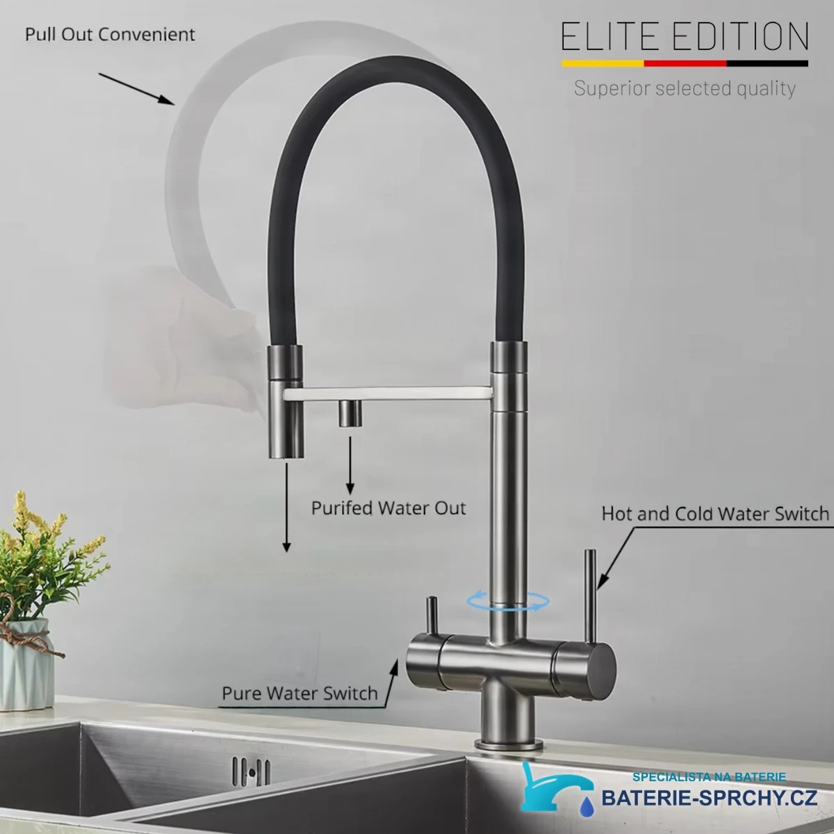 Funkce filtrační kuchyňské baterie Elite Edition KA1643 se dvěma výtoky vody