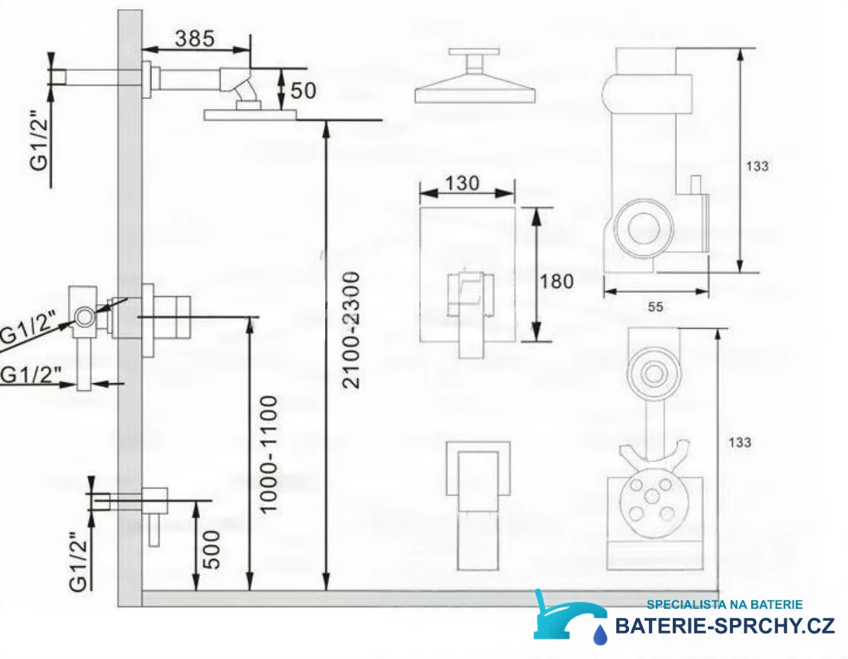 Technický výkres podomítkového systému PT69359 (2100–2300 mm, G1/2)