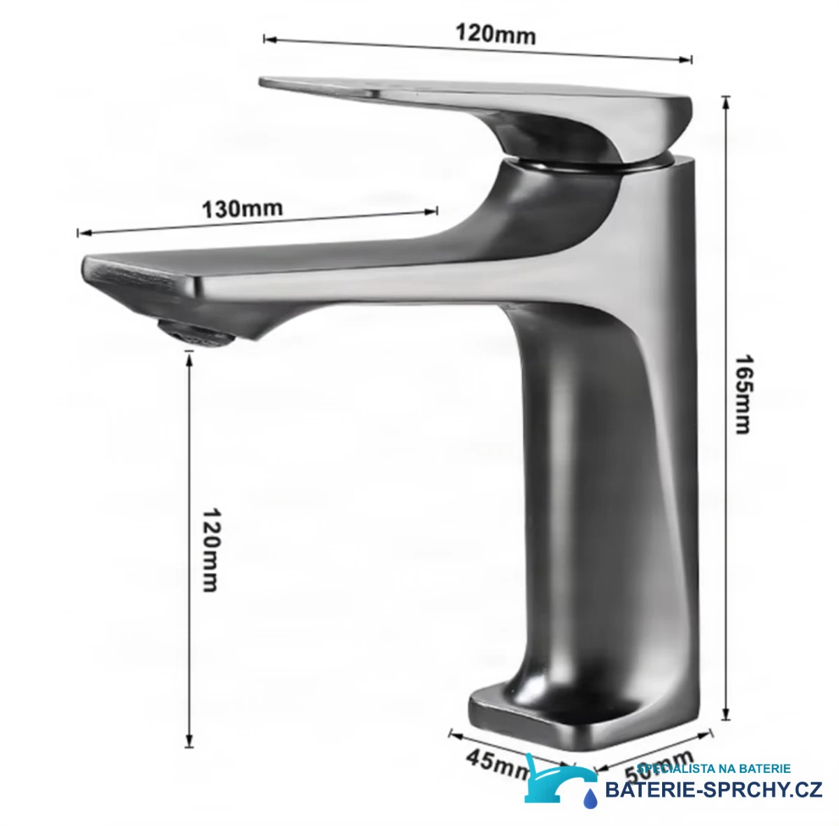 Technický výkres nerezové baterie ELITE EDITION BS2150 (165 × 130 mm, výška výtoku 120 mm)