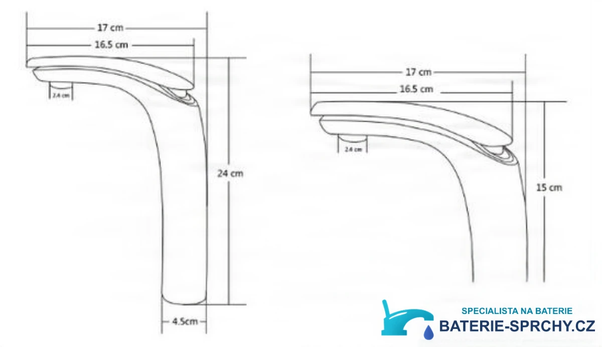 Technický výkres baterie KAB6116 s výškou 15 a 24 cm