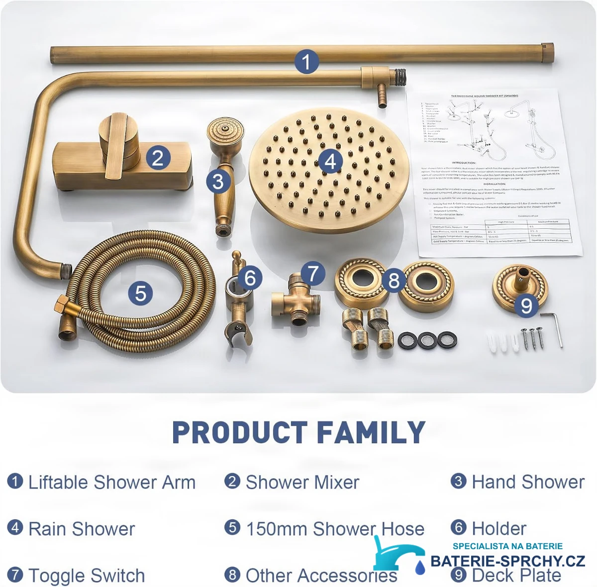 Sprchový systém s baterií ELITE EDITION BSE1508 ve starožitné mosazi