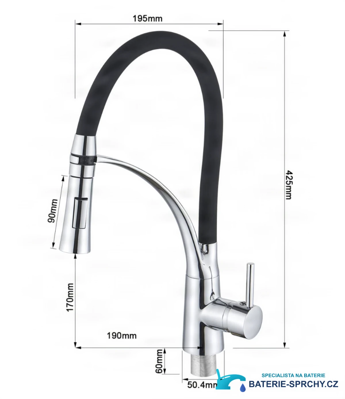 Rozměry nízkotlaké kuchyňské baterie NT1749: výška 425 mm a dosah 195 mm