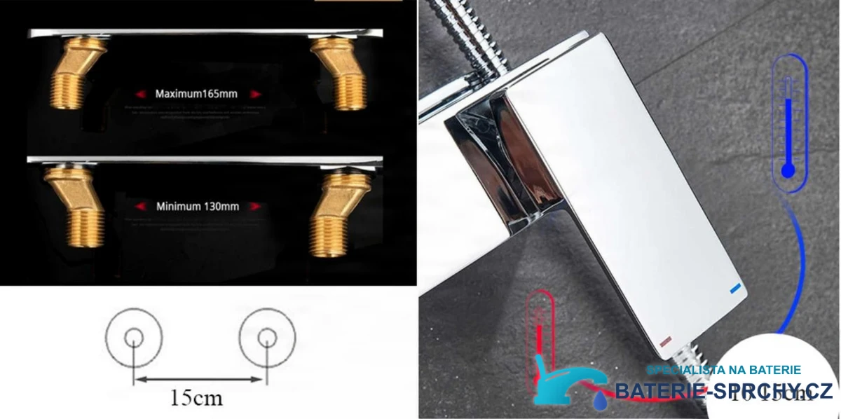 Technický výkres systému BT1048 (15 cm, rozteč připojení 130–165 mm)