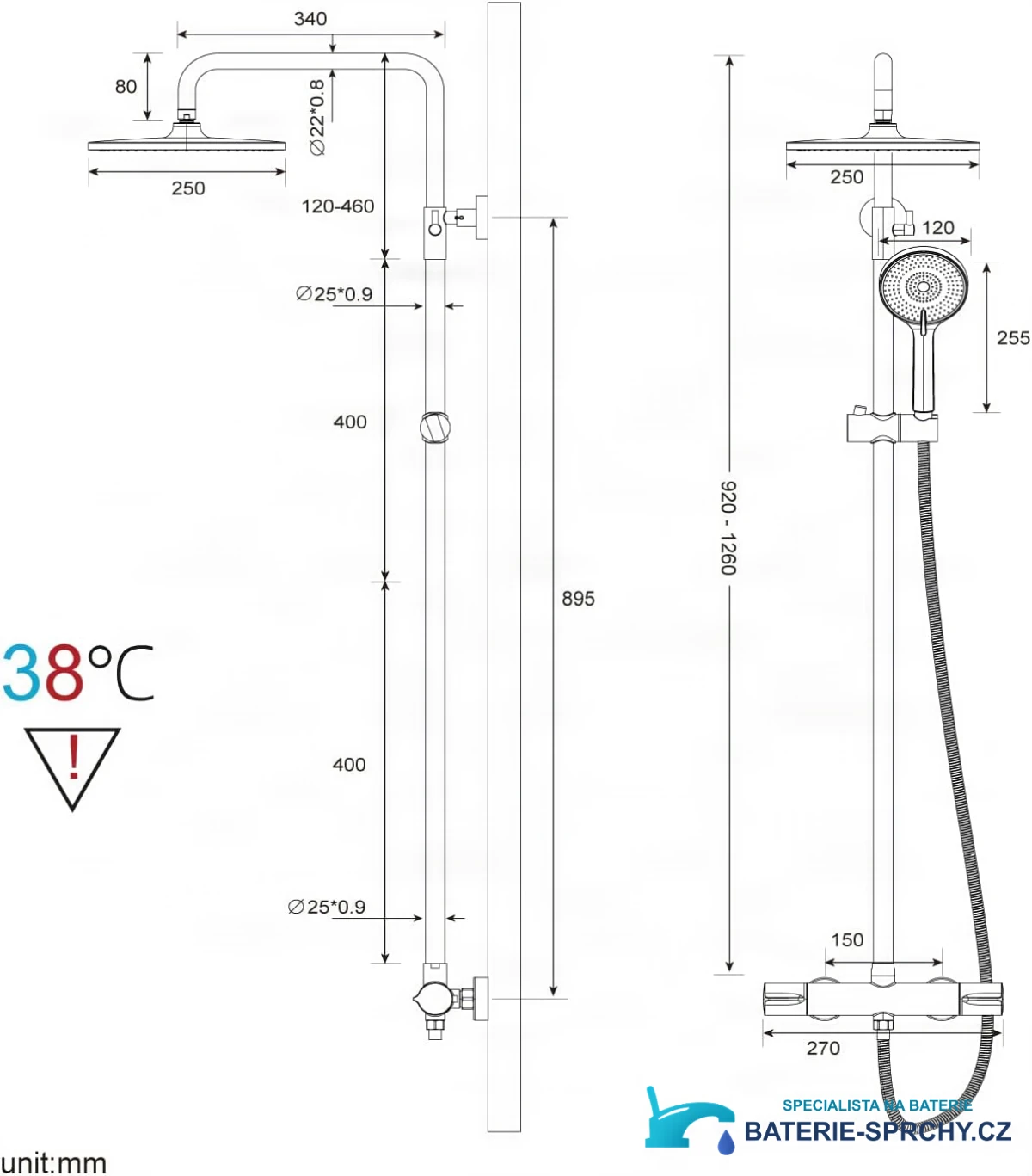 Technický výkres systému Rainsworth ELITE EDITION BSE1603 (920–1260 mm, hlavová sprcha Ø 250 mm)