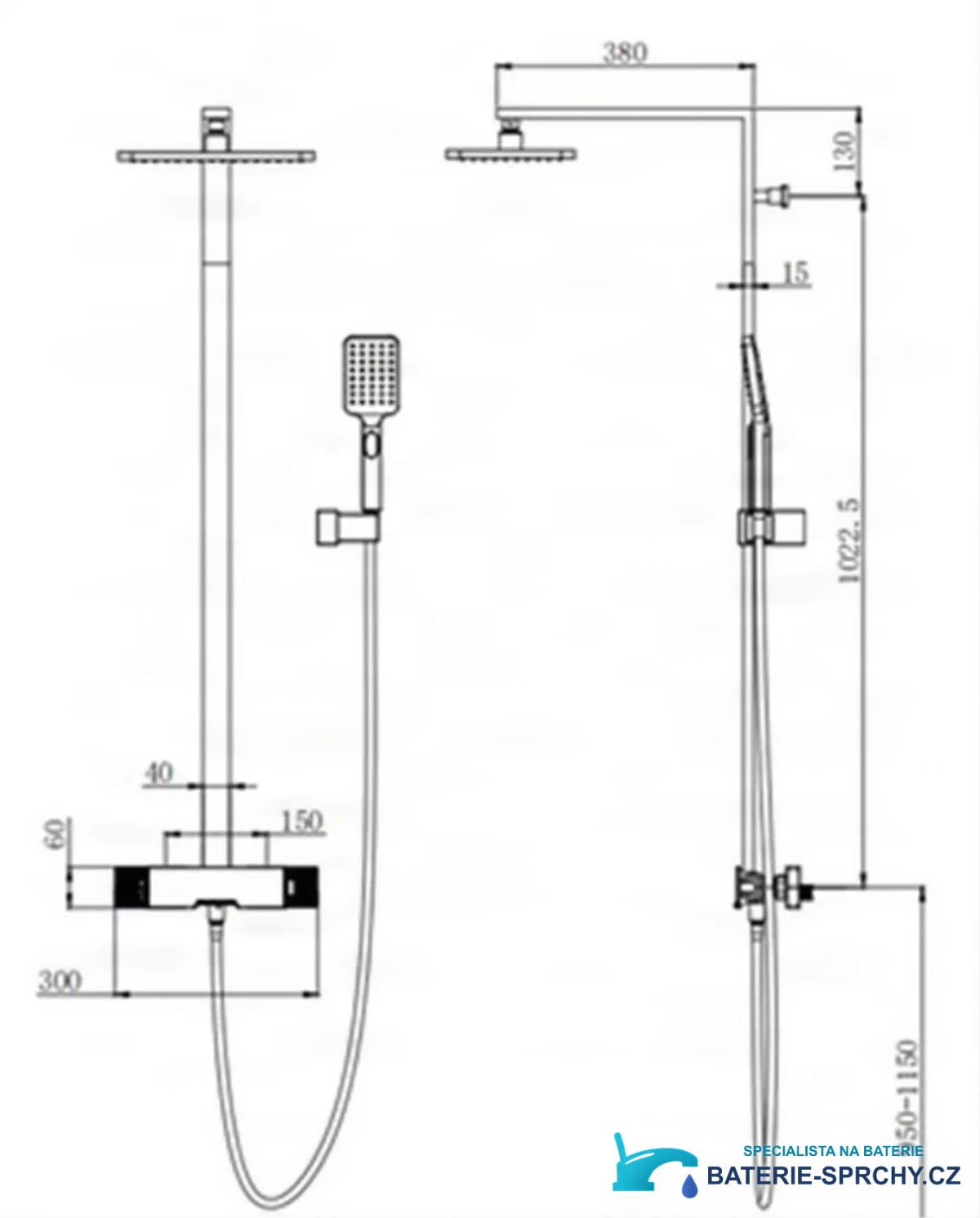 Technický výkres sprchového systému ELITE EDITION BSE1419 (380 mm, 950–1150 mm)
