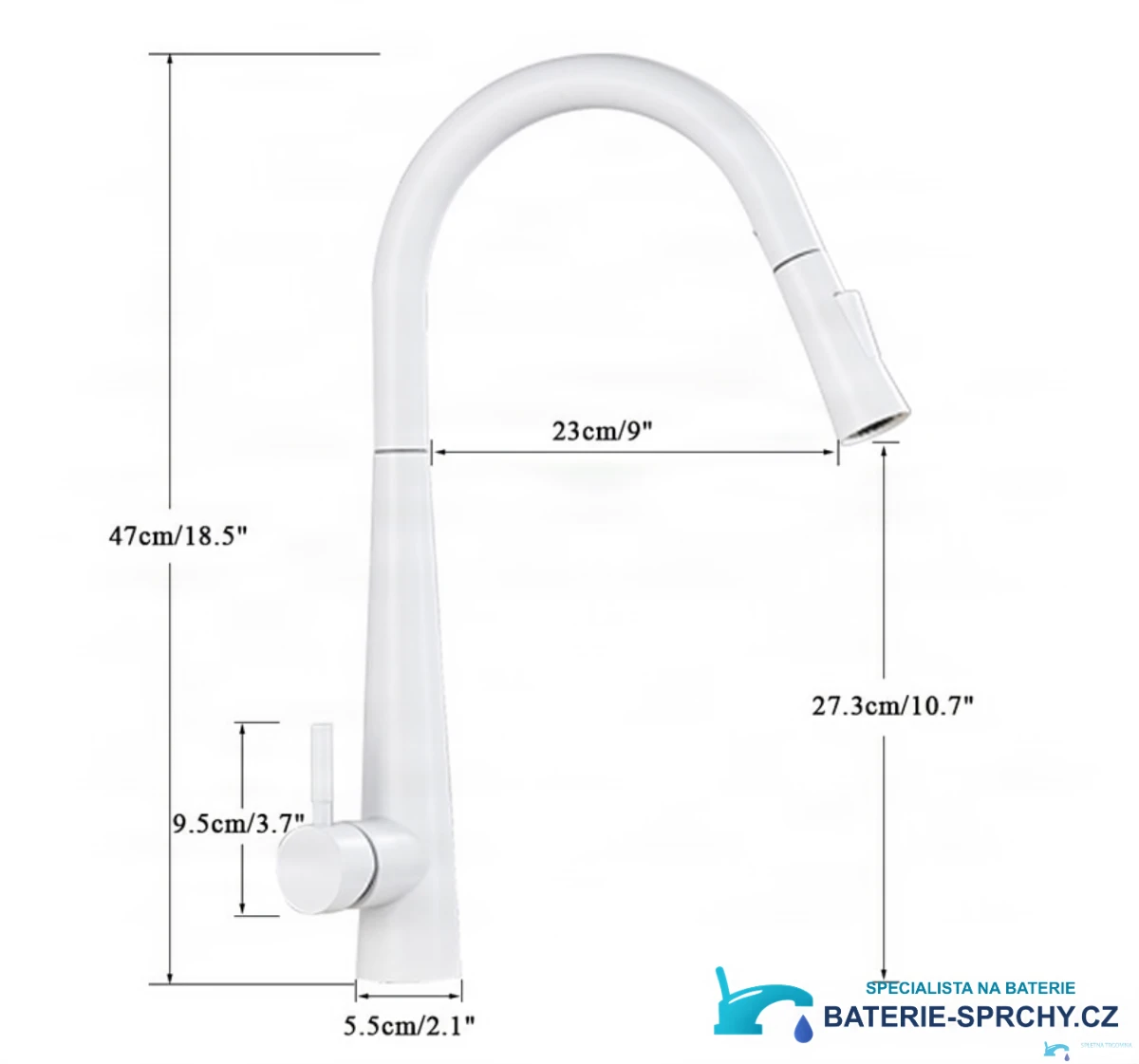 Výkres bílé baterie BS16111 s výškou 47 cm a dosahem 23 cm