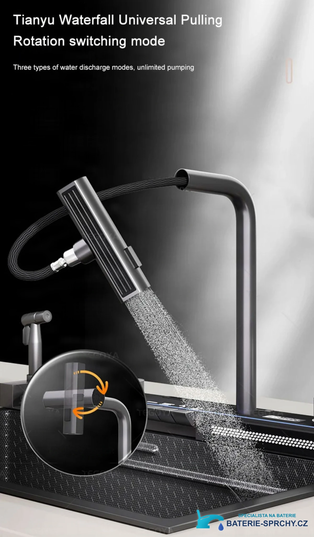 Funkce multifunkčního luxusního dřezu ELITE EDITION KS2299: otočný výtok se sprchovým proudem