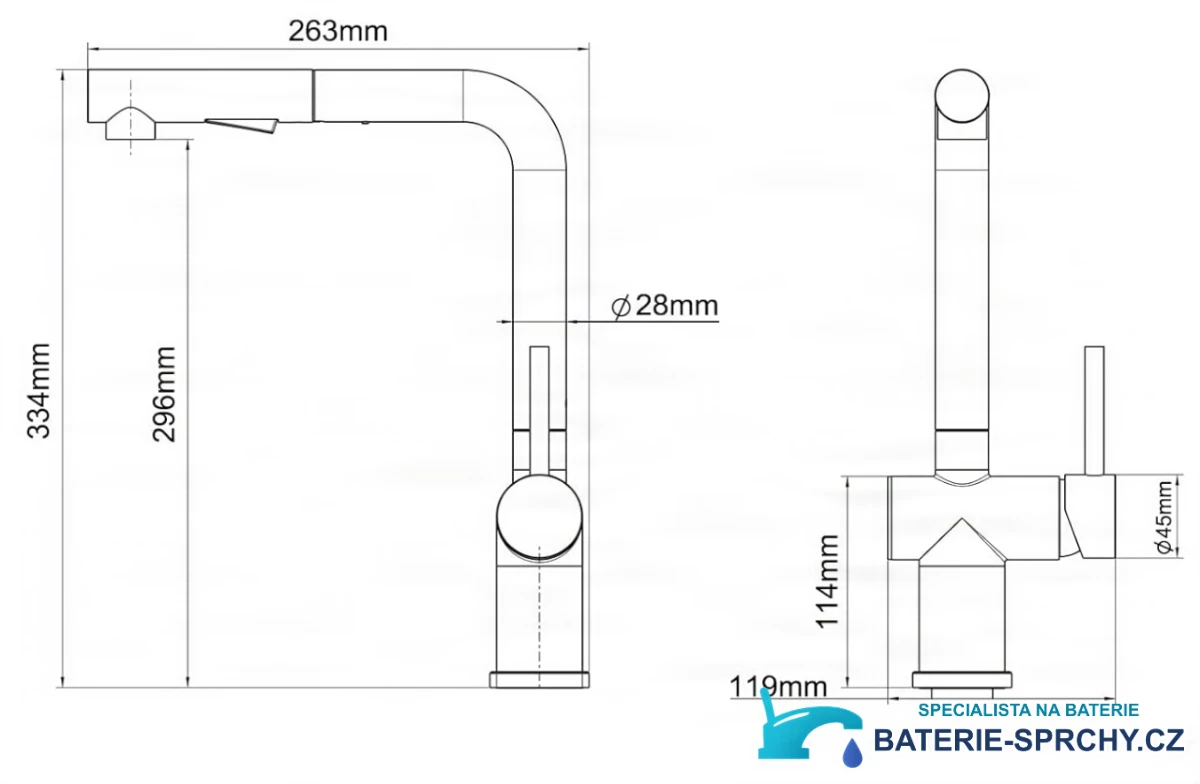 Technický výkres nízkotlaké baterie NTB2003 (334 × 263 mm, Ø 28 mm)