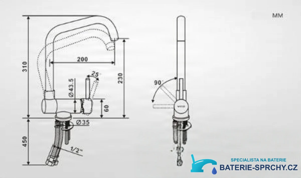 Technický výkres baterie PA13536, výška 310 mm a dosah 200 mm