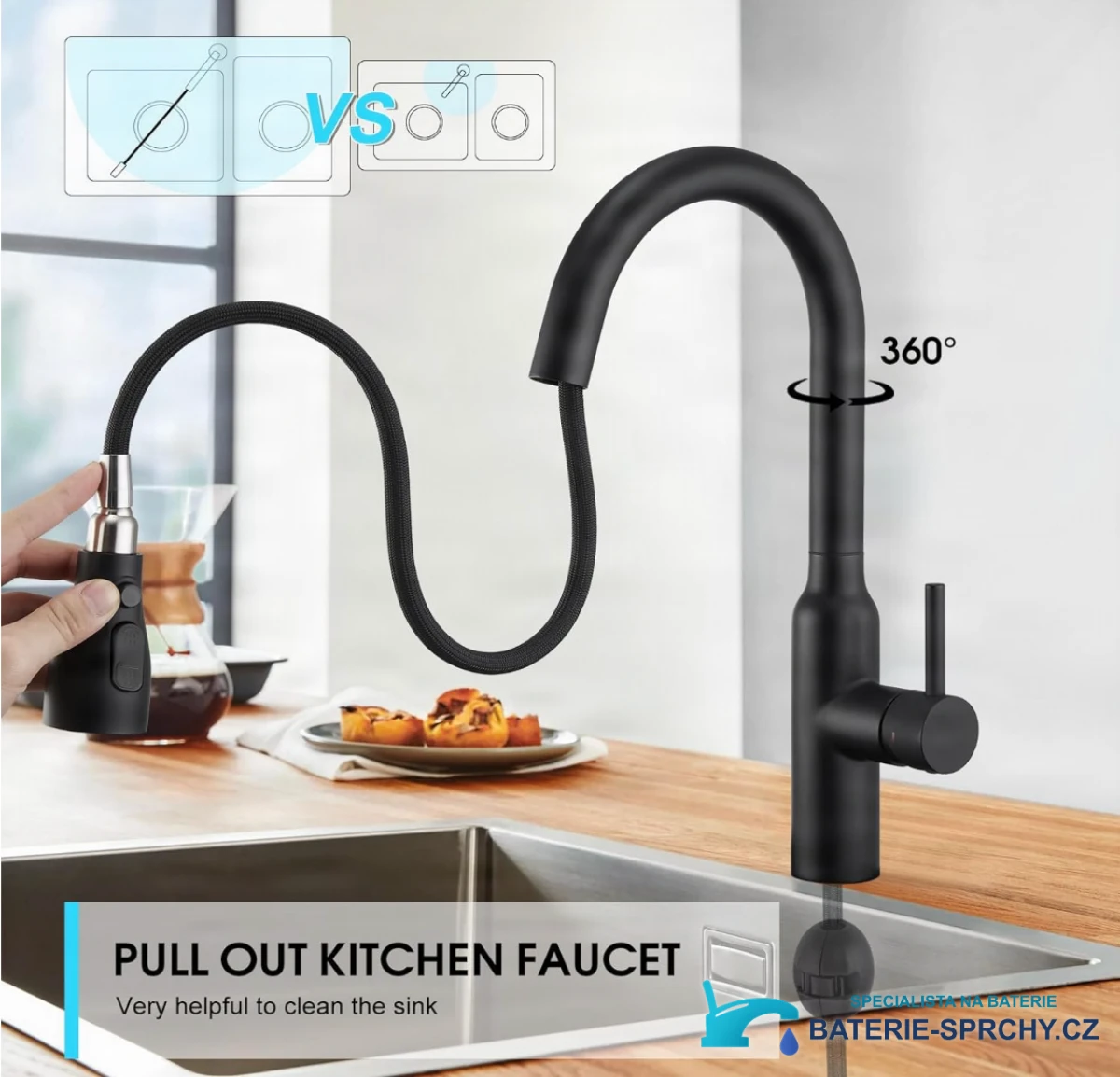 Funkce kuchyňské baterie BKS1299: výsuvná sprška a ramínko otočné o 360 stupňů