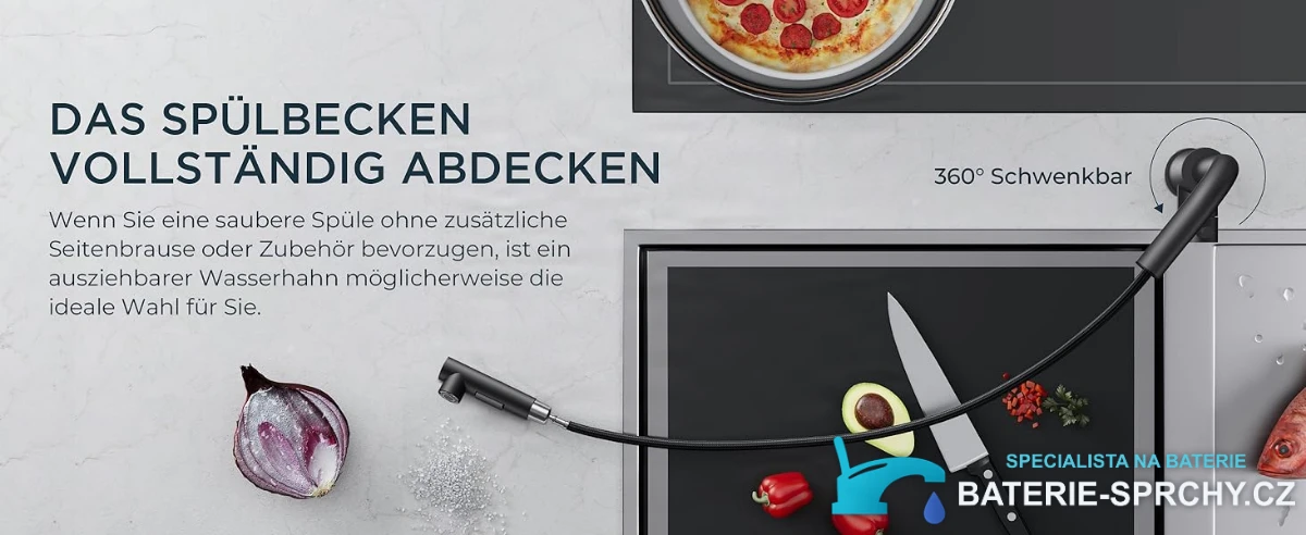 Niederdruck-Küchenarmatur ELITE EDITION KFL2244 im Einsatz: ausziehbare Brause über der Spüle