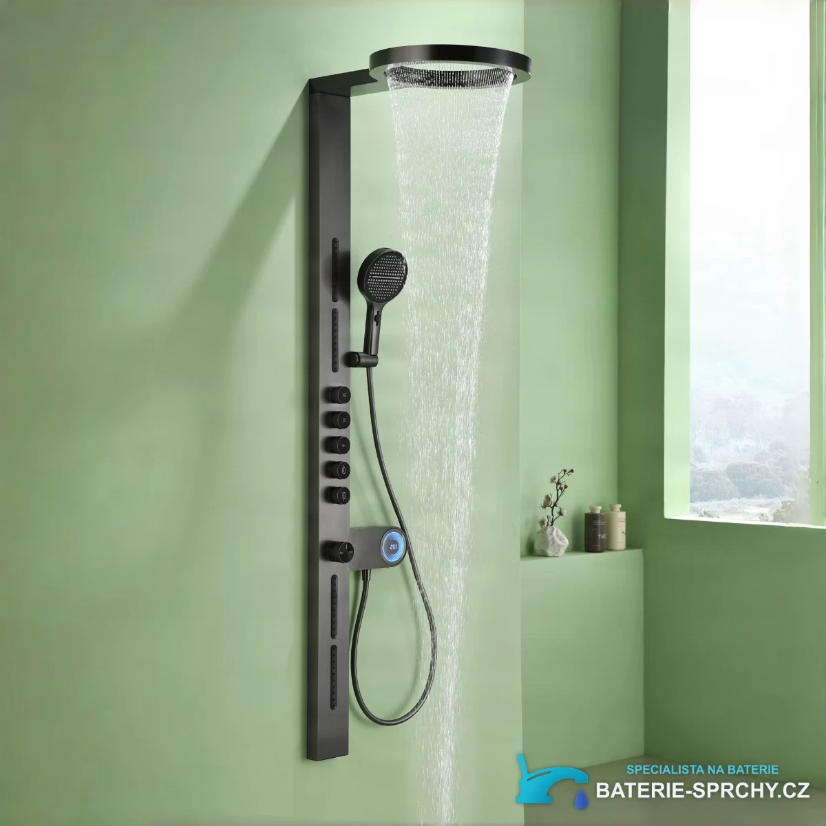 Sprchový systém ELITE EDITION BSW1726 v použití: zelená koupelna a digitální displej