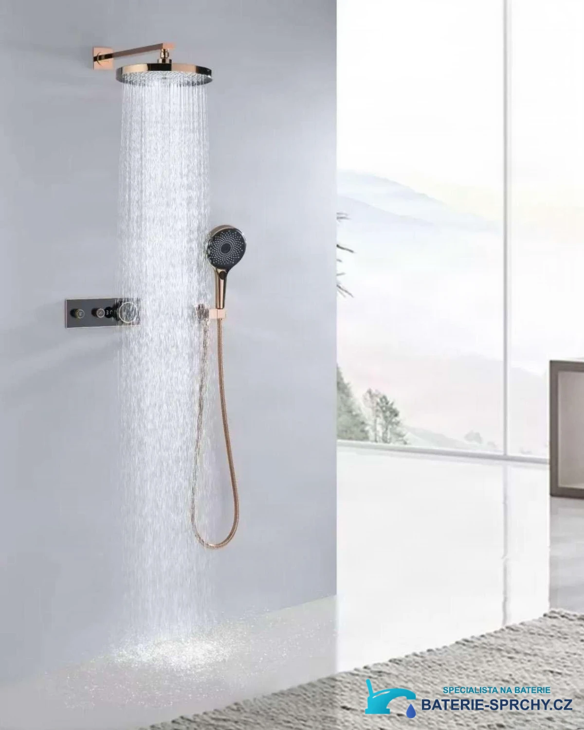Luxusní termostatický sprchový systém ELITE EDITION BCS1603 s displejem v lesklém růžovém zlatě a černé