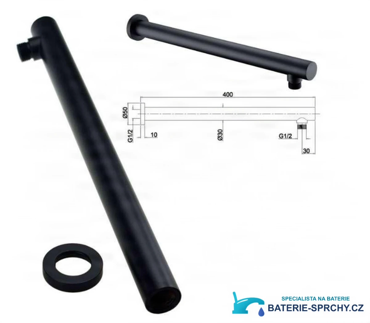 Technický výkres ramena BP1225 s délkou 400 mm a přípojkami G1/2