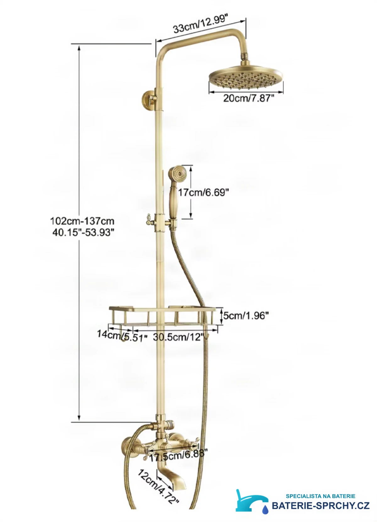 Technický výkres sprchového systému BSE1241, výška 102–137 cm a hlavová sprcha Ø 20 cm