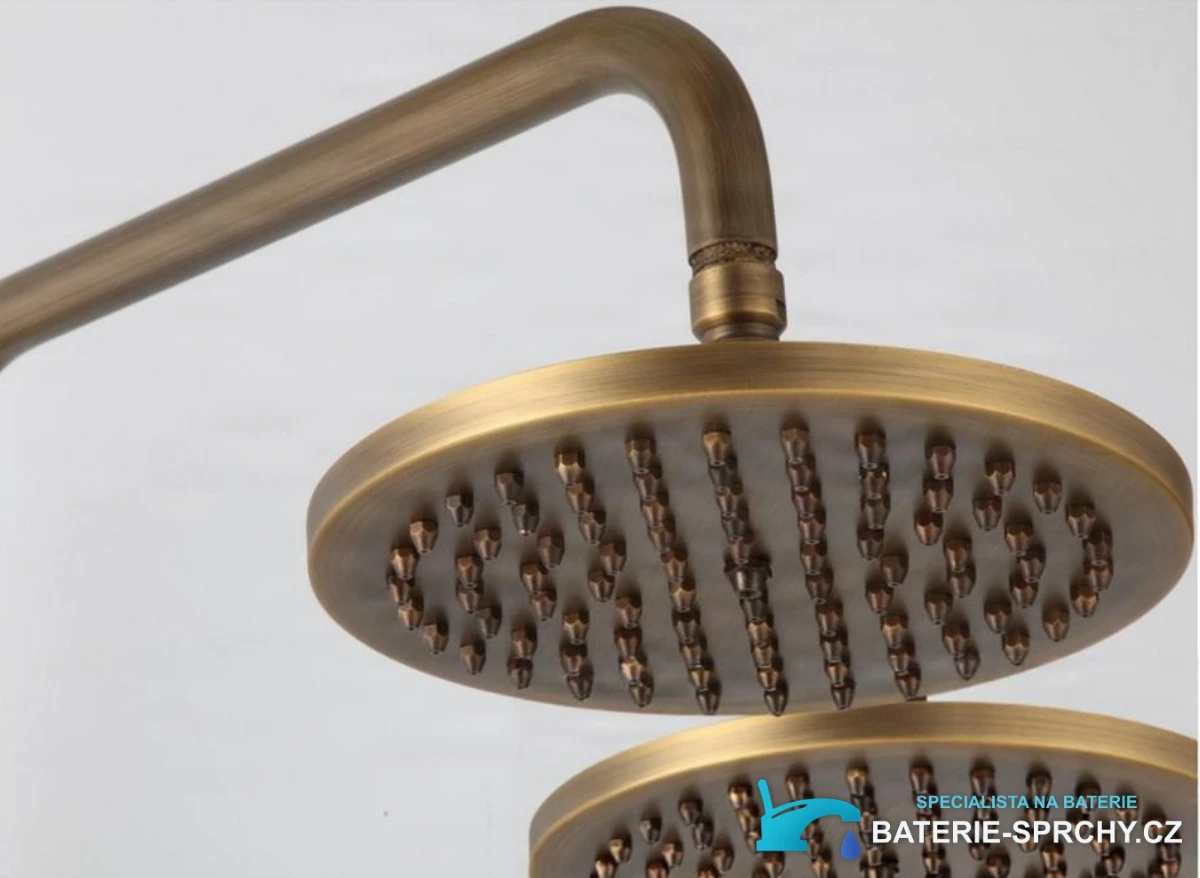 Detail kulaté hlavové sprchy systému TN1700 ve vzhledu starožitné mosazi