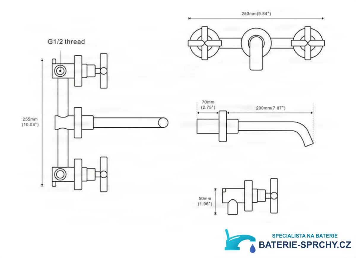 Technický výkres baterie WB2248 s šířkou 250 mm, výškou 255 mm a přípojkou G1/2