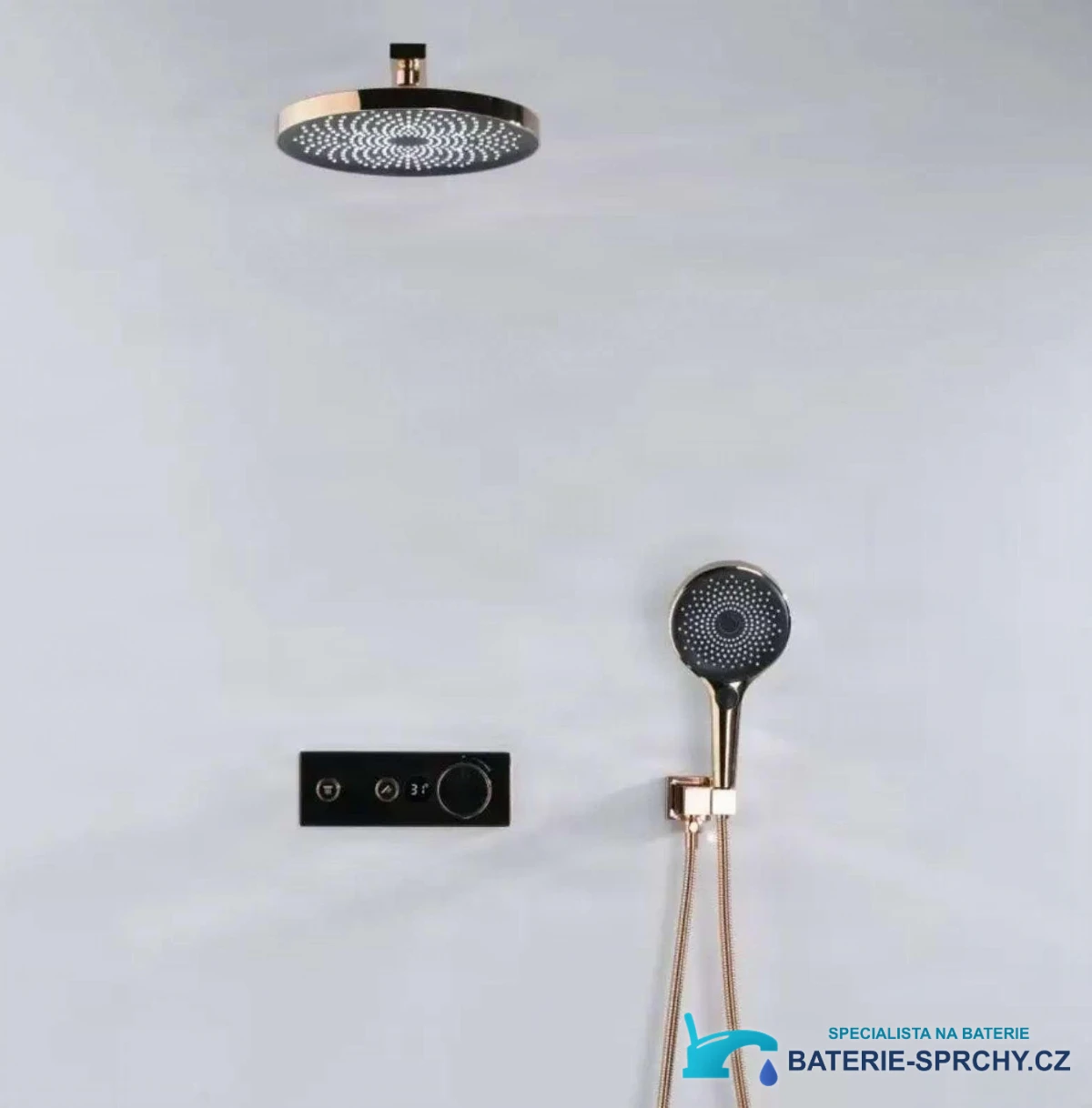 Luxusní termostatický sprchový systém ELITE EDITION BCS1603 – čelní pohled s displejem a ruční sprchou