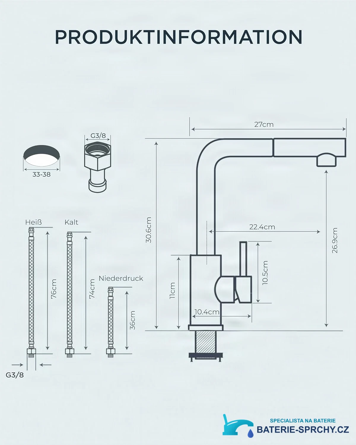 Technische Zeichnung der Niederdruck-Küchenarmatur ELITE EDITION KFL2244 mit 30,6 cm Höhe und G3/8
