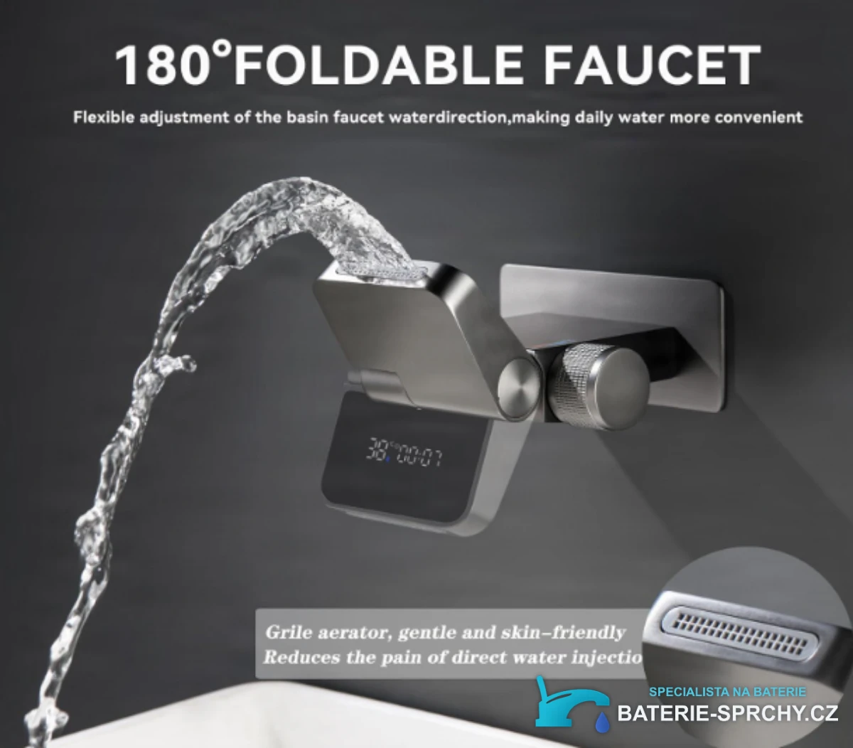 Funkce nástěnné baterie BSW1500: výtok sklopný o 180° a integrovaný perlátor
